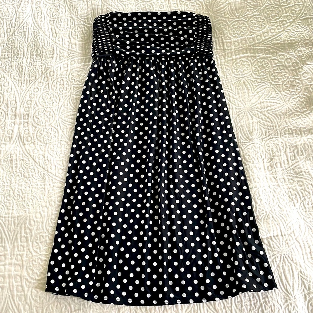 Brand new DKNY SWIM classic black with white polka dot ruched strapless coverup